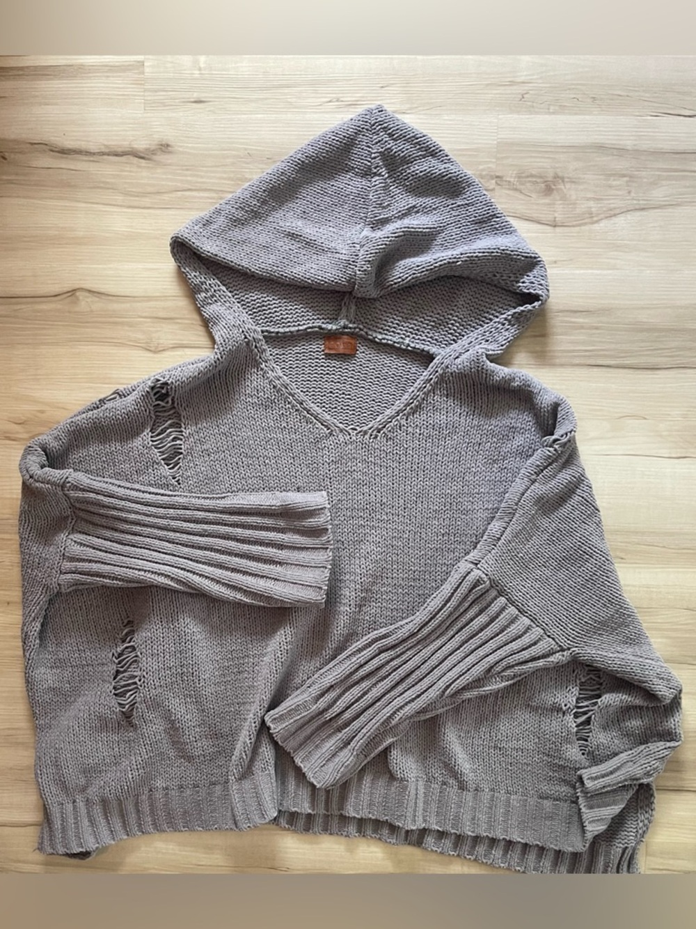 POL Taupe Hooded V-Neck Distressed Knit Sweater